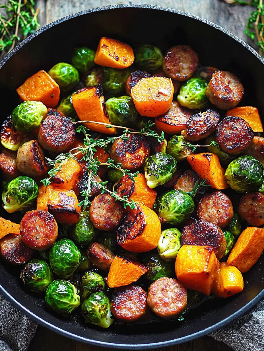 A skillet filled with roasted Brussels sprouts, chunks of butternut squash, and sliced sausages, garnished with fresh thyme.