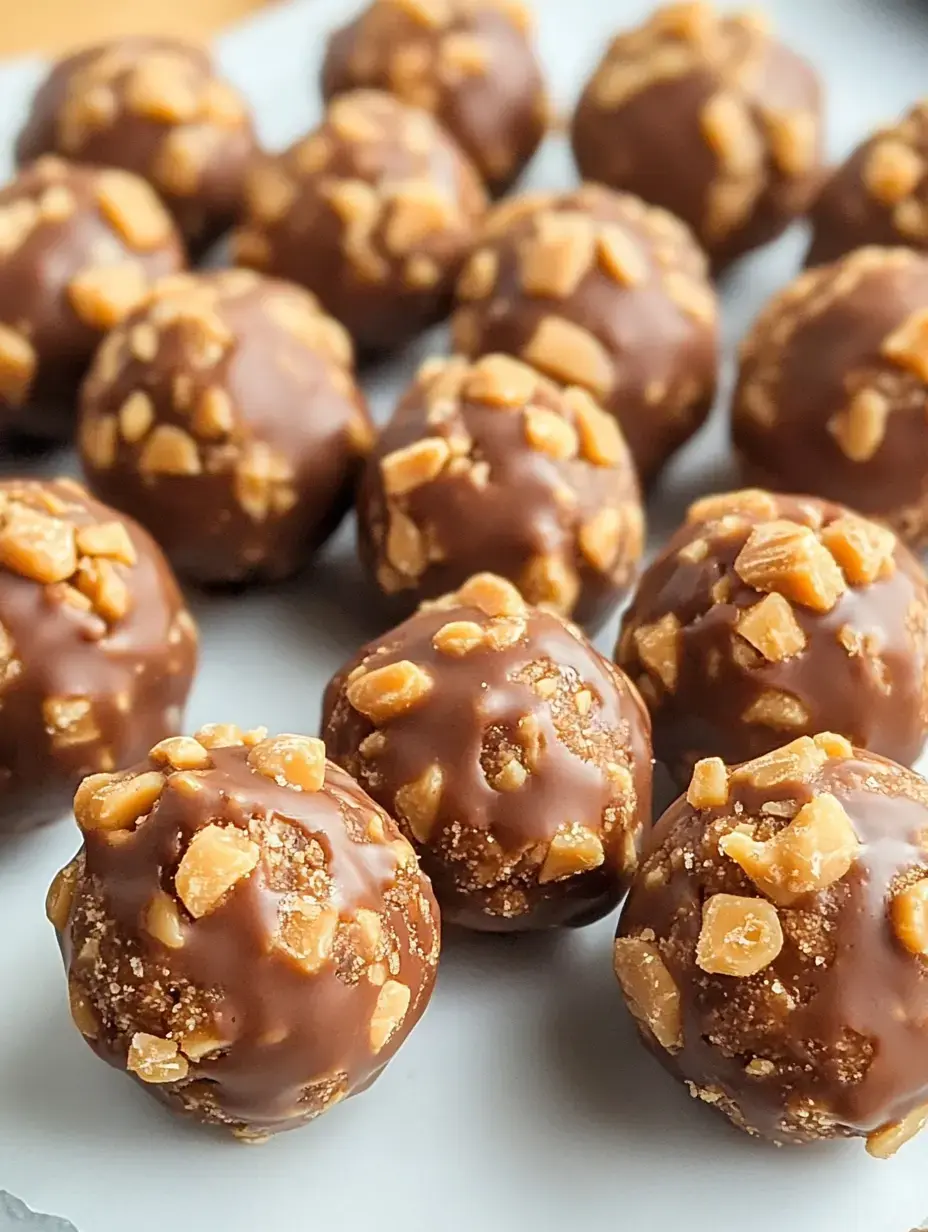 A close-up image of chocolate-covered dessert balls topped with crunchy toffee pieces, arranged on a plate.