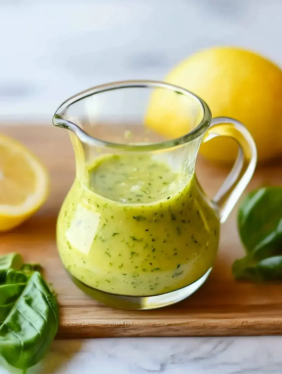 A glass jug filled with vibrant green sauce sits on a wooden board beside a halved lemon and fresh basil leaves.