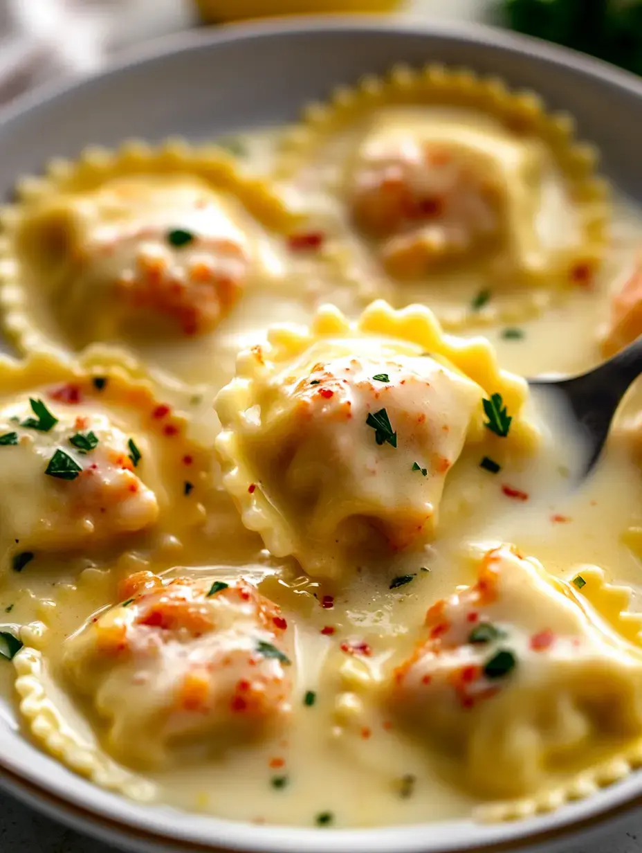 A bowl of creamy ravioli is garnished with parsley and red pepper flakes.