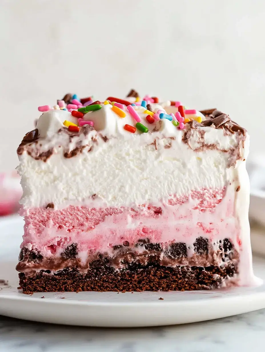 A cross-section of a layered ice cream cake featuring chocolate, pink, and white layers topped with whipped cream and colorful sprinkles.