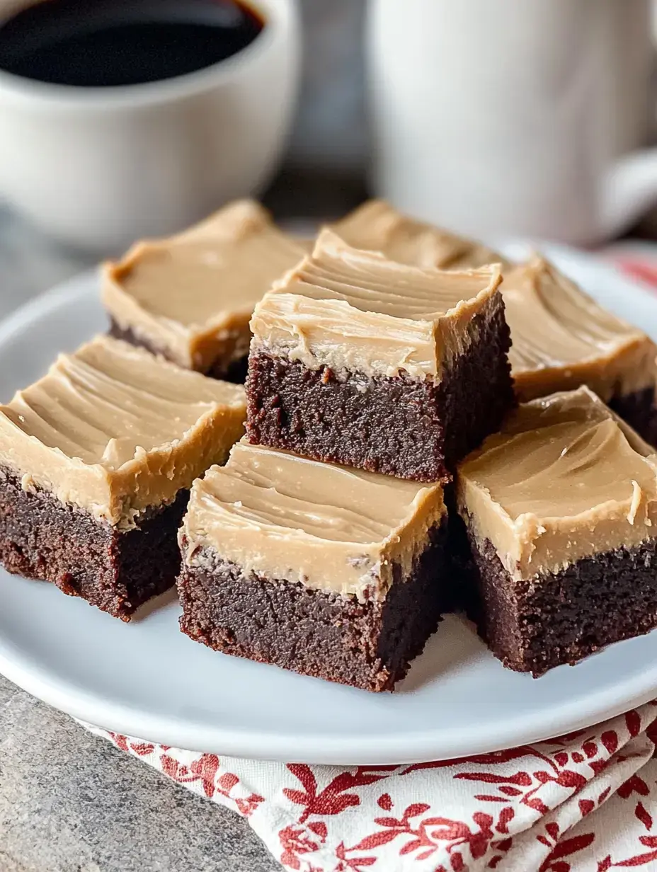 A plate of chocolate brownies topped with creamy peanut butter frosting, accompanied by a cup of coffee in the background.