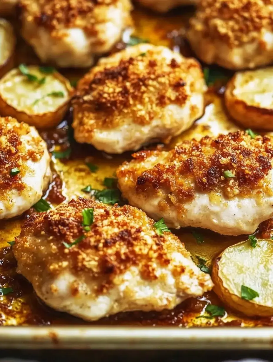 A close-up view of golden-brown baked chicken breasts, topped with breadcrumbs and surrounded by roasted potato slices, garnished with fresh parsley.