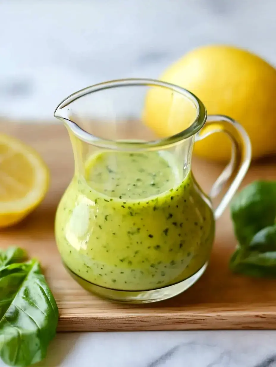 A glass pitcher filled with green dressing sits on a wooden surface beside a sliced lemon and fresh basil leaves.