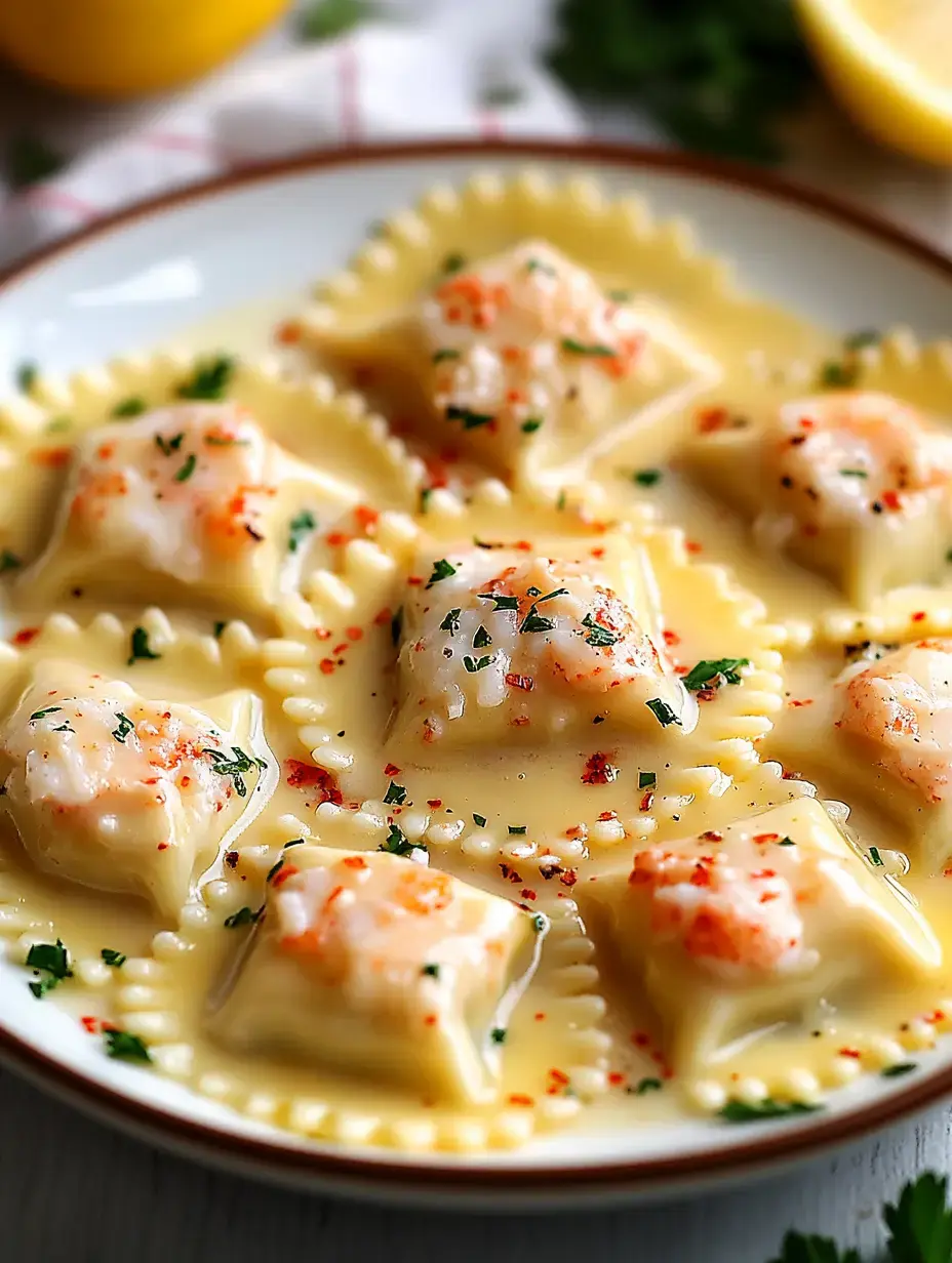 A plate of ravioli topped with shrimp in a creamy sauce, garnished with herbs and red pepper flakes.