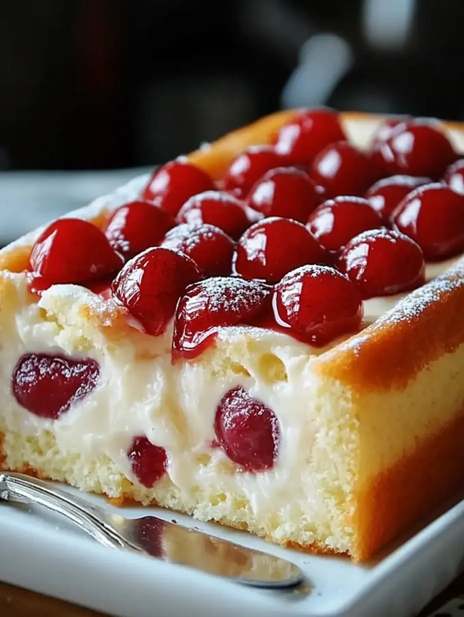 A slice of cake filled with creamy filling and topped with glossy cherries is presented on a plate.