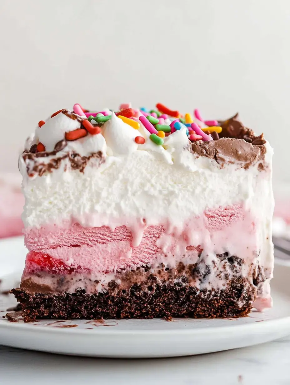 A slice of colorful layered ice cream cake topped with whipped cream, chocolate frosting, and sprinkles on a white plate.