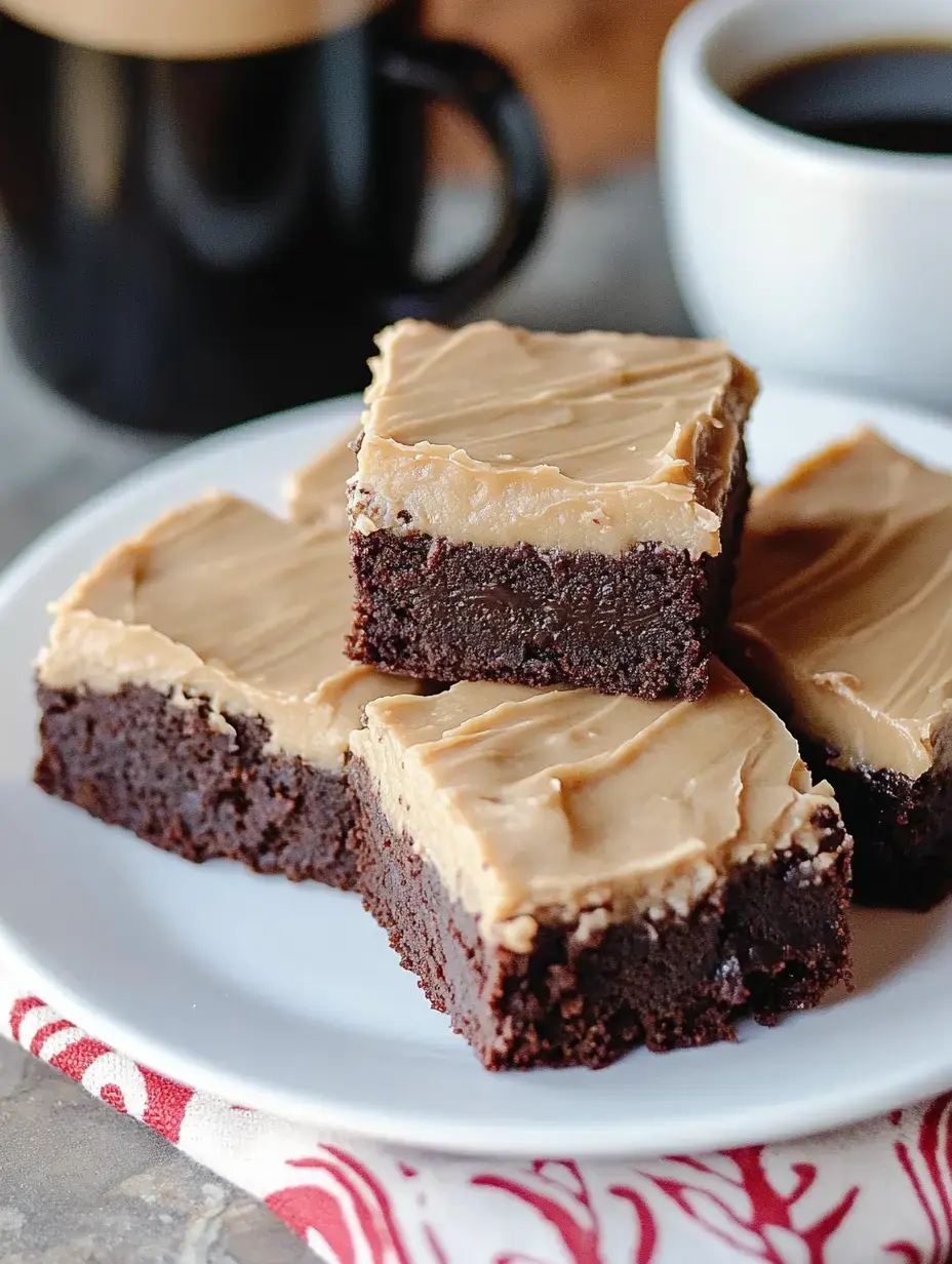 A plate of chocolate brownies topped with creamy frosting, accompanied by cups of coffee in the background.