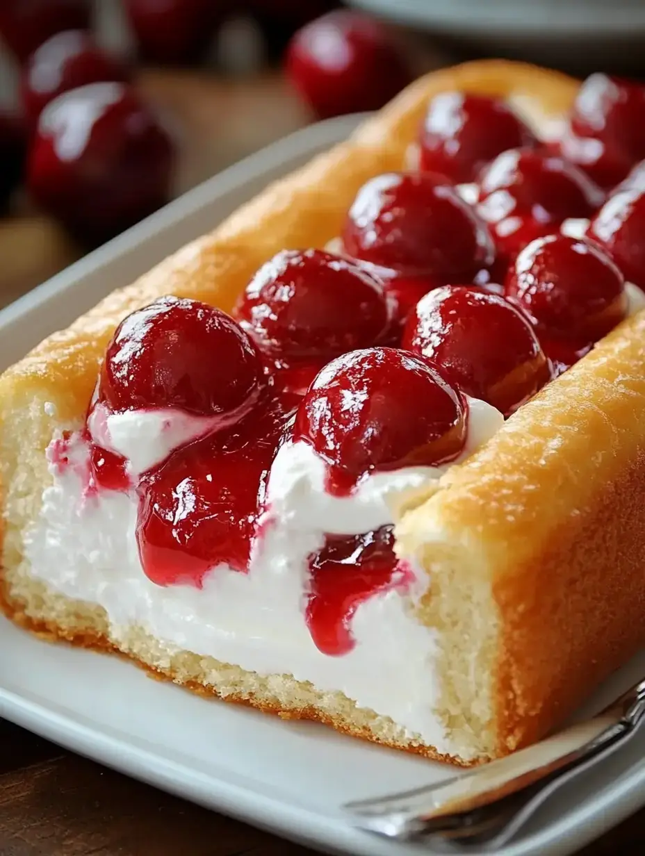 A slice of creamy vanilla cake topped with bright red cherries and a glossy cherry sauce rests on a white plate.