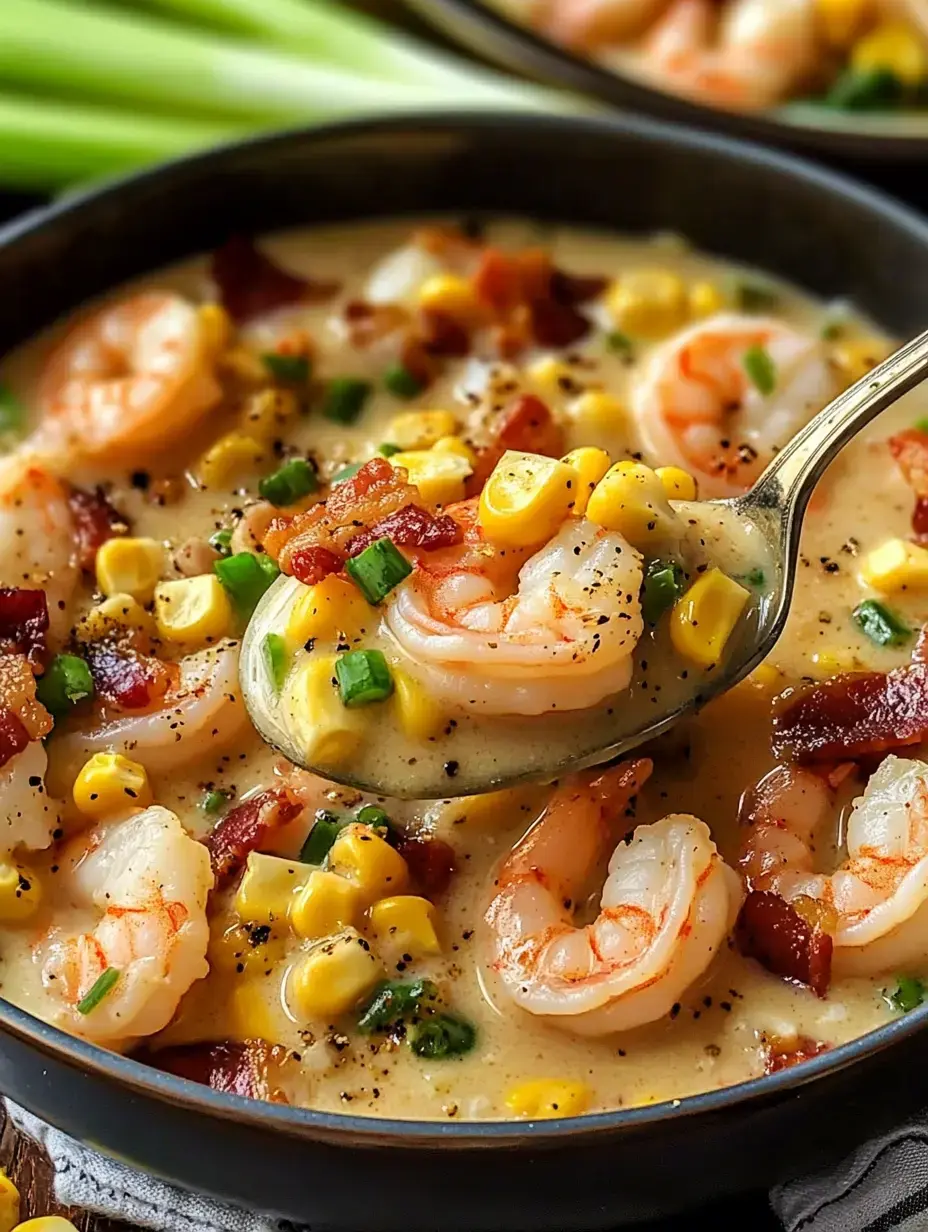 A bowl of creamy shrimp soup with corn, bacon, and green onions, with a spoonful lifting some ingredients.