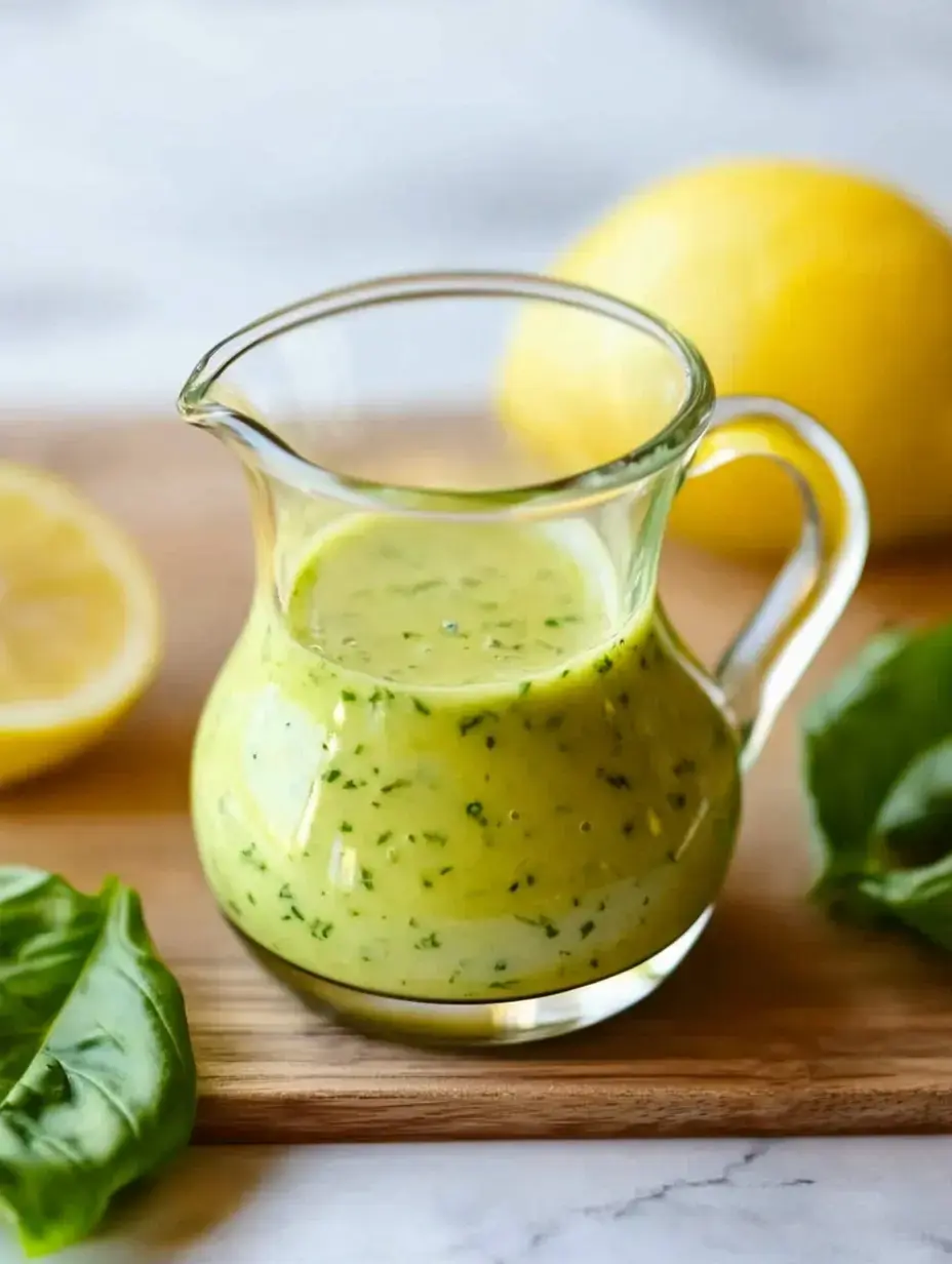 A glass pitcher filled with green dressing sits on a wooden board, accompanied by a lemon and fresh basil leaves.