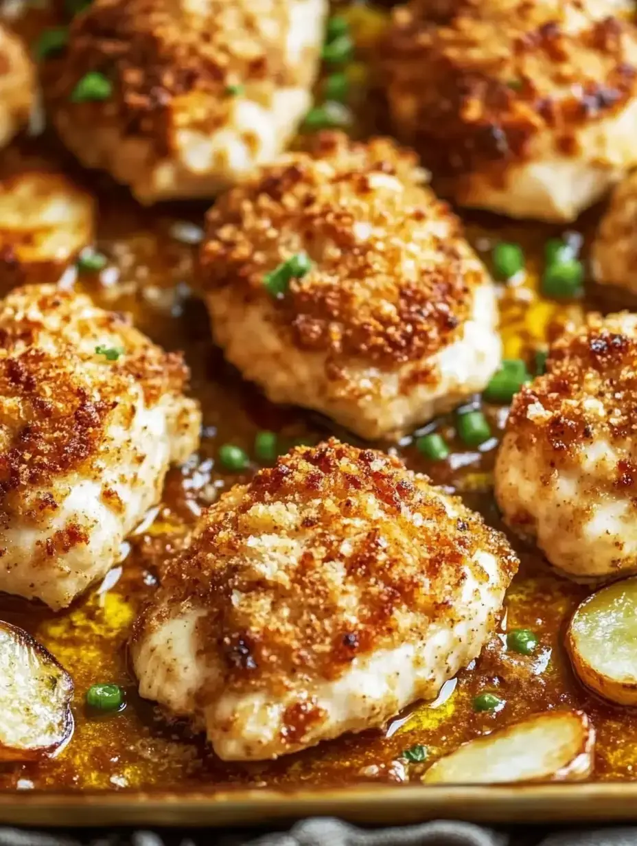 A close-up of breaded and baked chicken fillets garnished with green onions, served with sliced potatoes in a savory sauce.