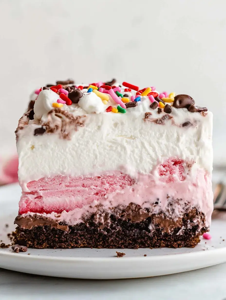 A close-up view of a multi-layered ice cream cake with chocolate, pink, and red layers, topped with whipped cream and colorful sprinkles.