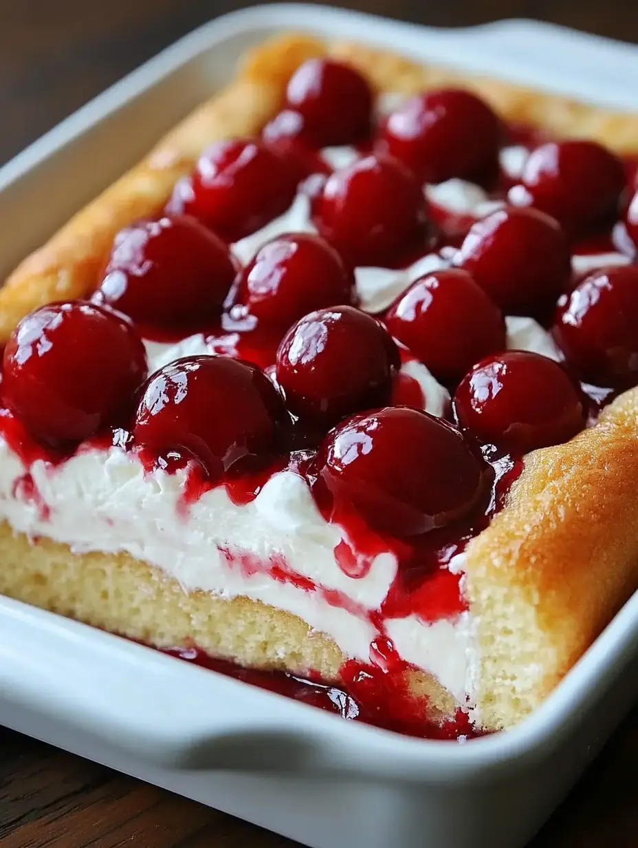 A rectangular dessert with a golden sponge base layered with whipped cream and topped with glossy red cherries and cherry sauce.