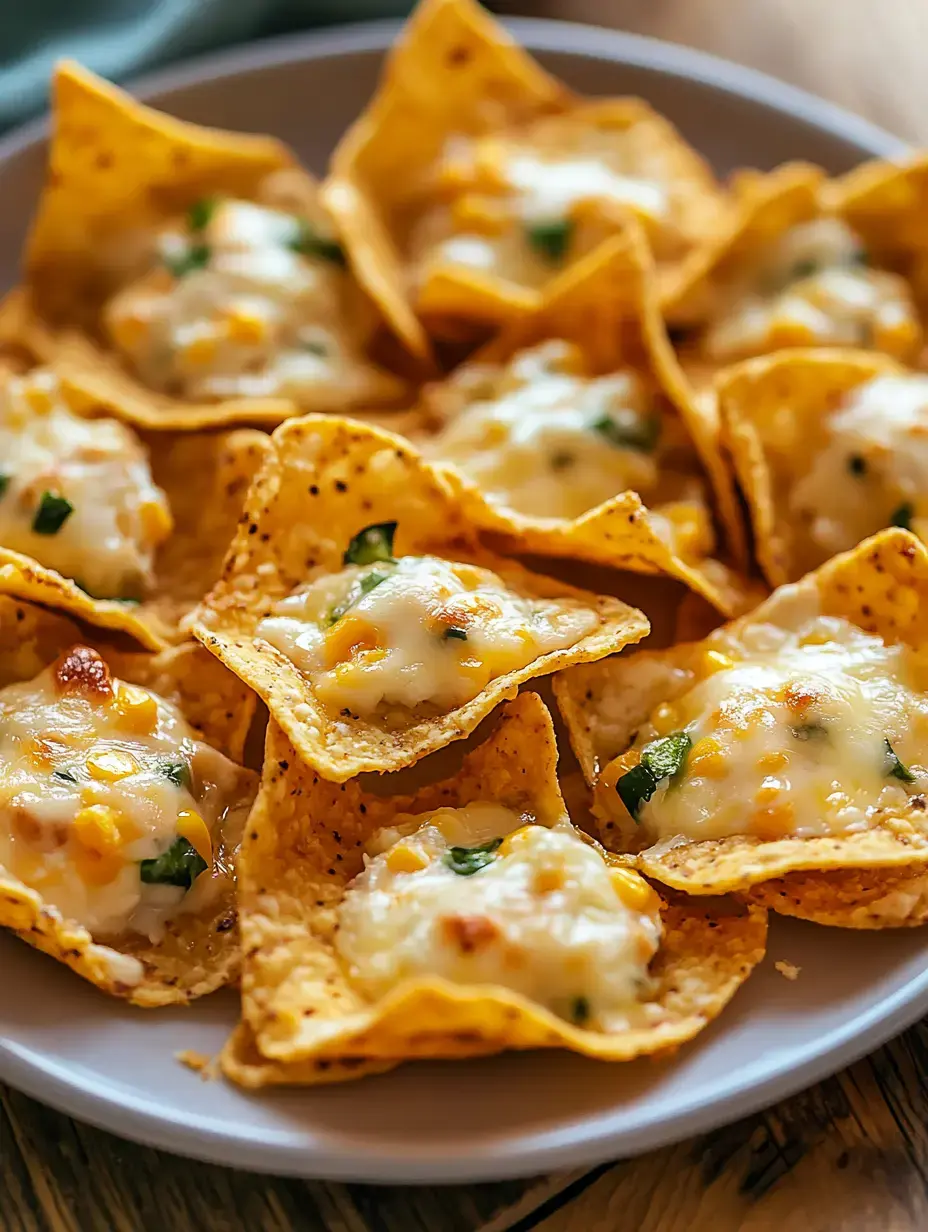 A plate of nachos topped with melted cheese, corn, and chopped green herbs.