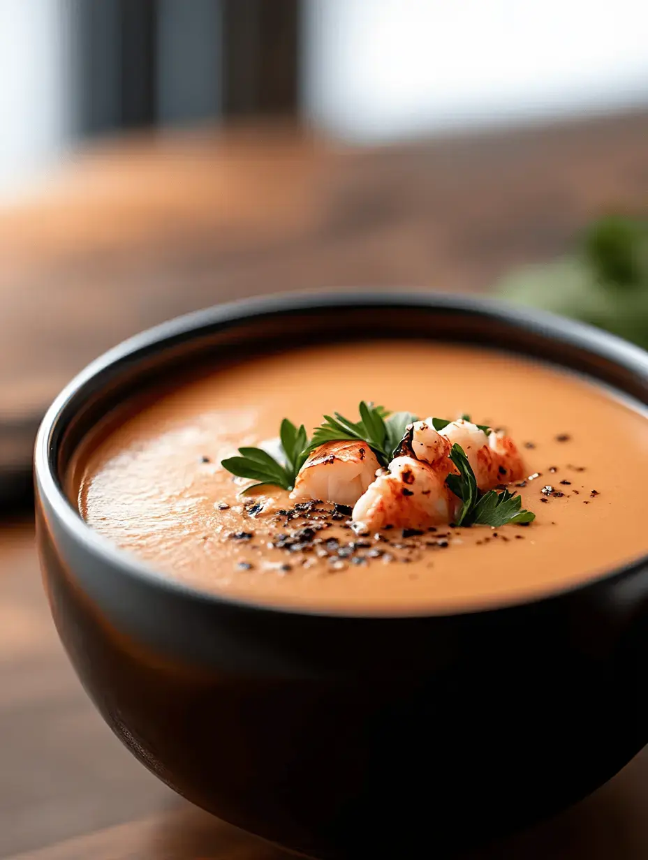 A close-up of a creamy soup topped with shrimp and fresh herbs, served in a black bowl.