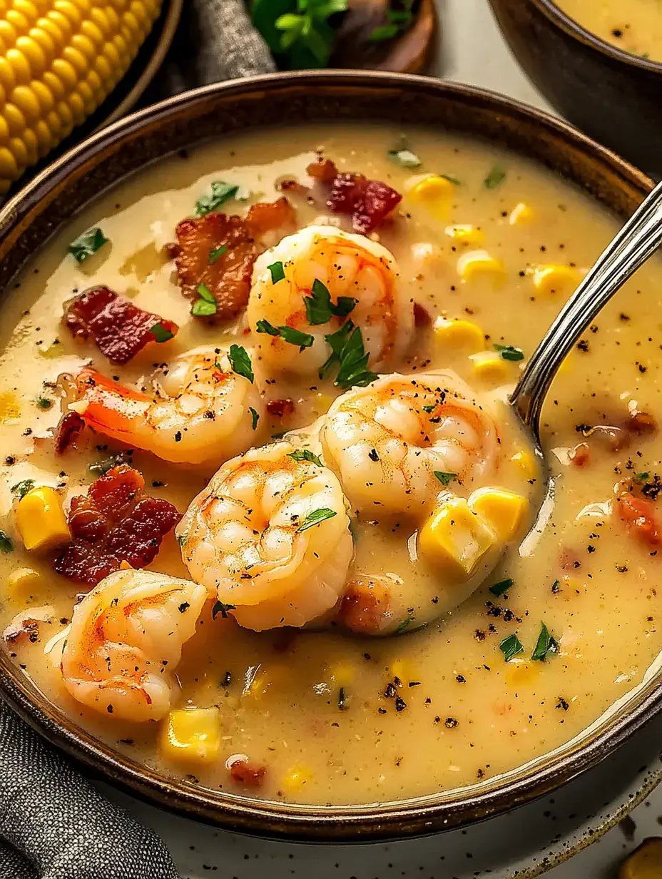 A bowl of creamy shrimp chowder topped with shrimp, bacon, corn, and fresh parsley.