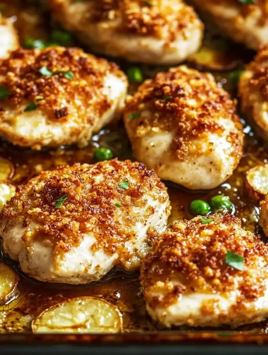 Baked chicken breasts are topped with a crispy breadcrumb crust and surrounded by roasted lemon slices and green peas.