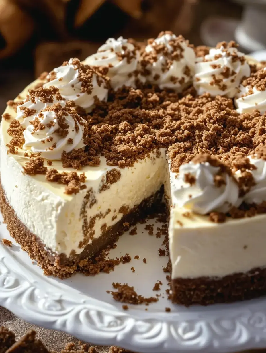 A creamy cheesecake with a crumbly topping is displayed, showcasing a slice removed and decorated with whipped cream.