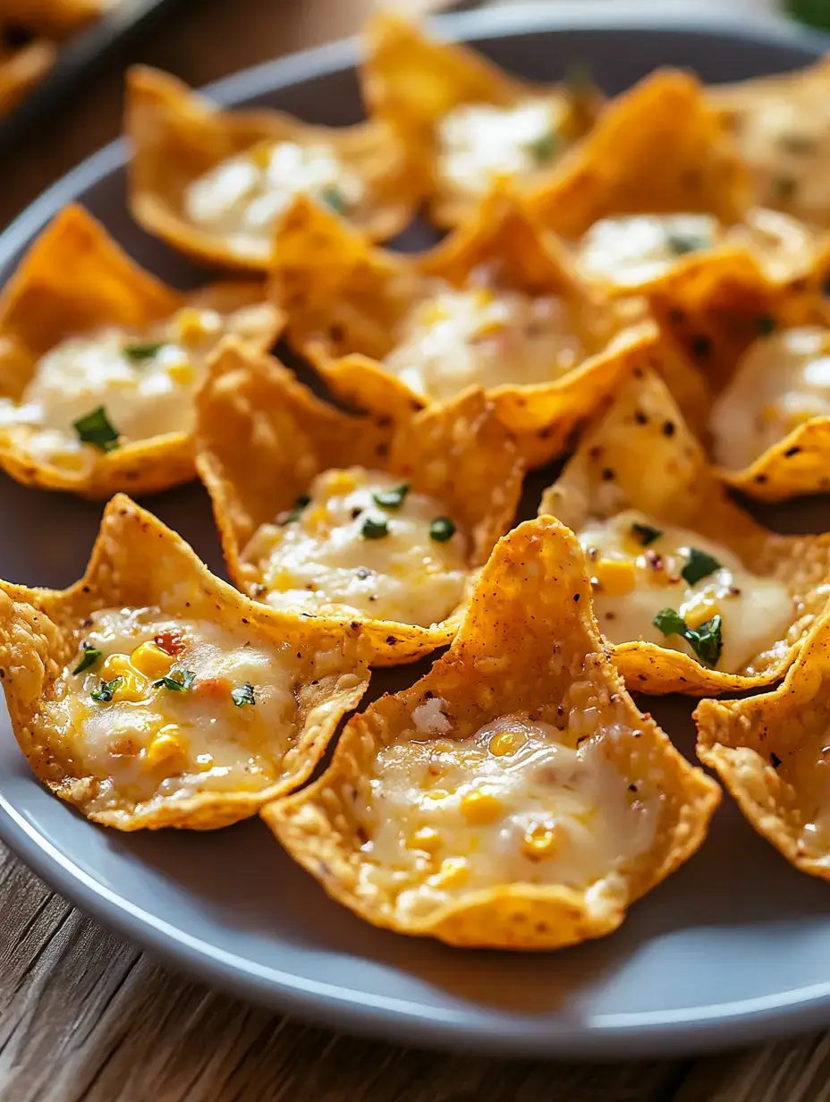 A plate of crispy tortilla cups filled with melted cheese and topped with chopped herbs and bits of corn.