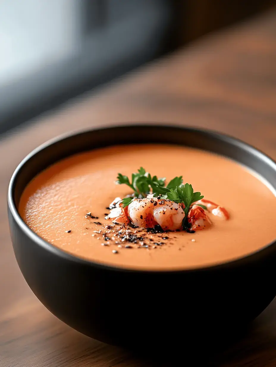 A close-up of a bowl of creamy lobster soup garnished with shrimp and parsley, sprinkled with black pepper.