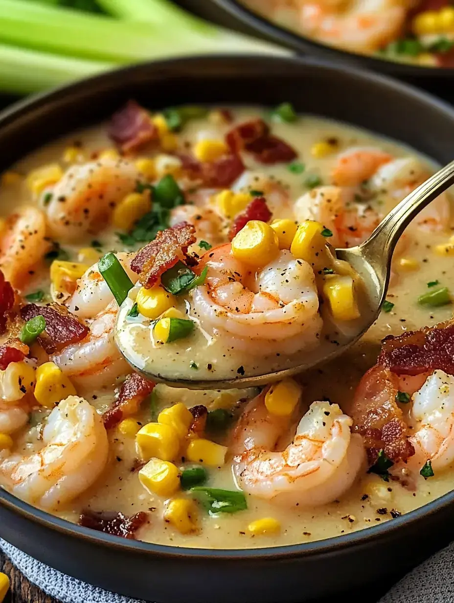 A spoonful of creamy shrimp chowder with corn and bacon, garnished with green onions, served in a dark bowl.