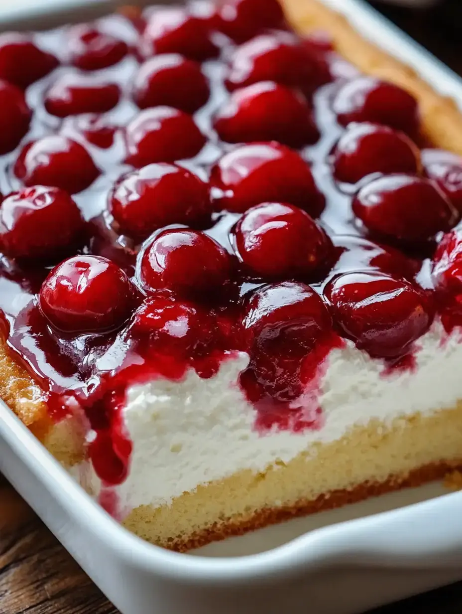 A creamy dessert layered with a sponge cake base, topped with glistening red cherries and a glossy cherry sauce.