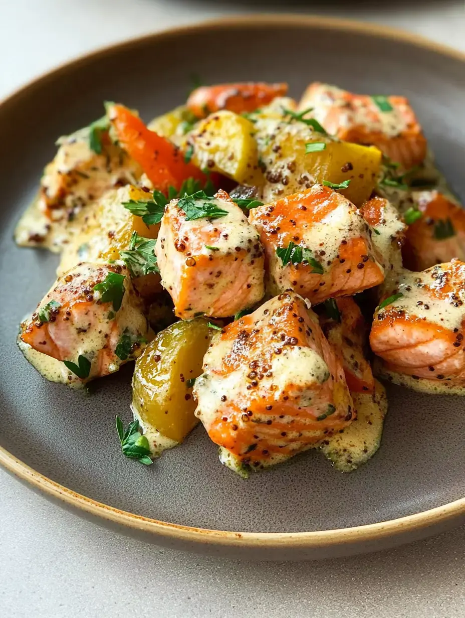 A plate of diced salmon pieces coated in a creamy sauce, surrounded by colorful peppers and garnished with fresh herbs.