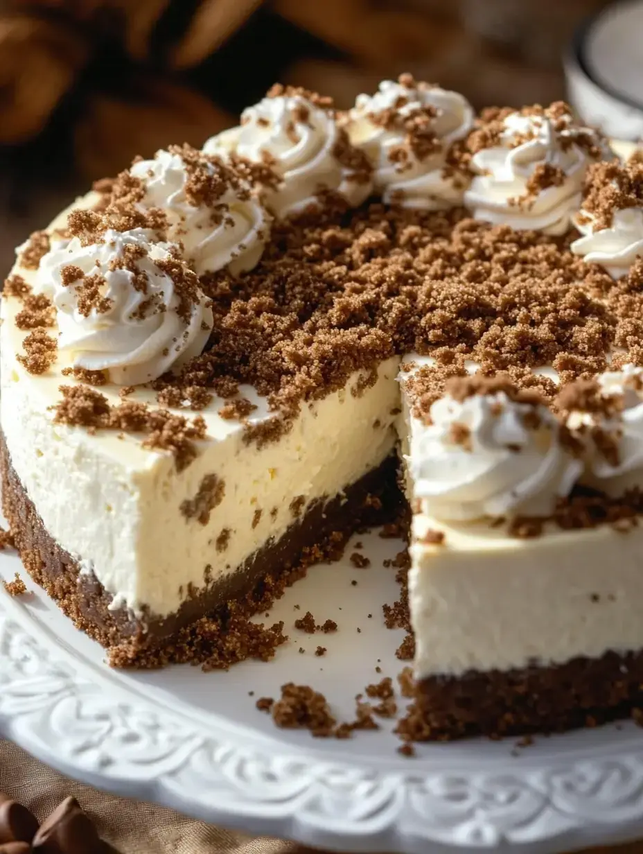 A slice of cheesecake topped with whipped cream and brown sugar crumble is displayed on a decorative plate.