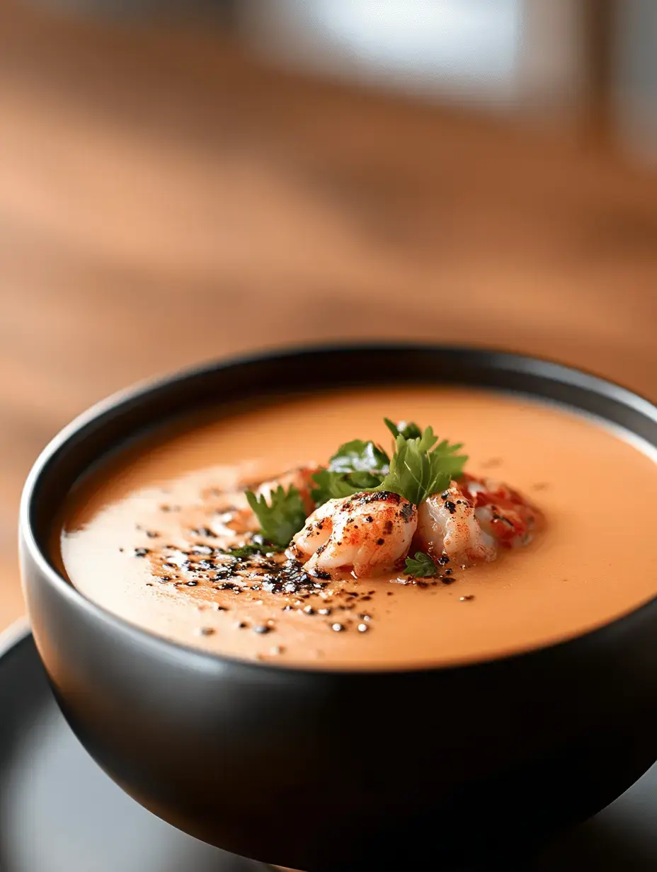 A bowl of creamy soup topped with shrimp, cilantro, and black sesame seeds.