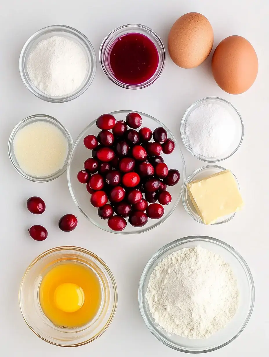 A flat lay arrangement of ingredients for a recipe, including eggs, fresh cranberries, flour, sugar, and butter, along with a bowl of cranberry sauce.