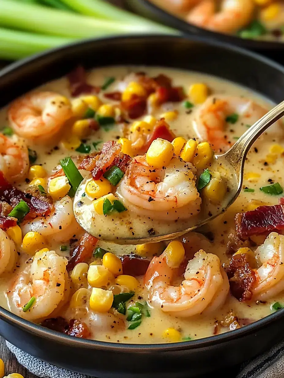 A close-up of a bowl of shrimp corn chowder with pieces of shrimp, corn, bacon, and green onions, with a spoon lifting some of the soup.