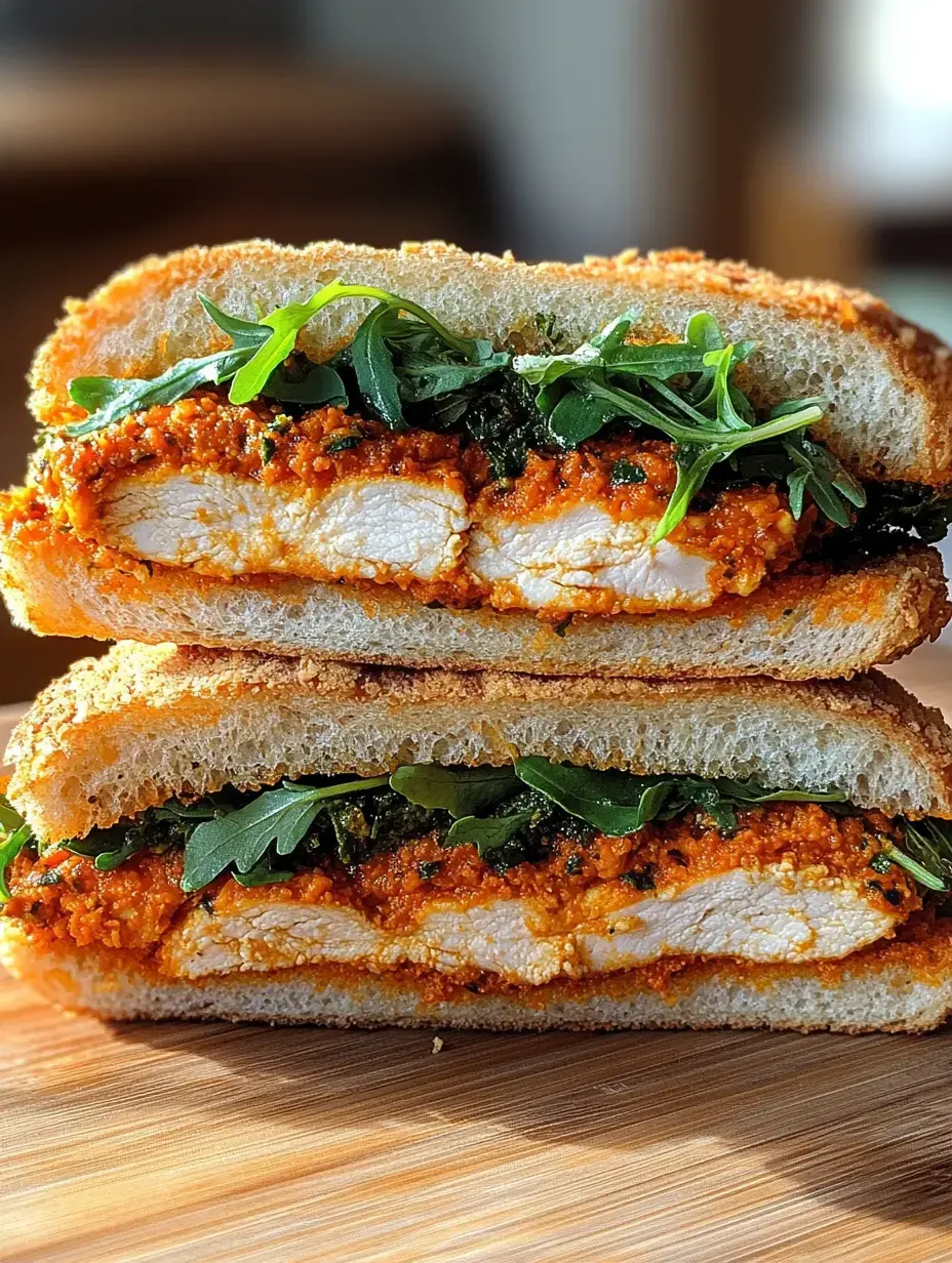 A cross-section of a sandwich featuring bread, crispy chicken, pesto, and arugula.