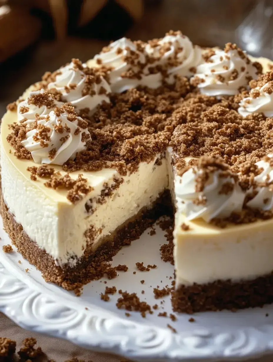 A creamy cheese cake topped with whipped cream and crushed cookies, with a slice removed to reveal its layered texture.