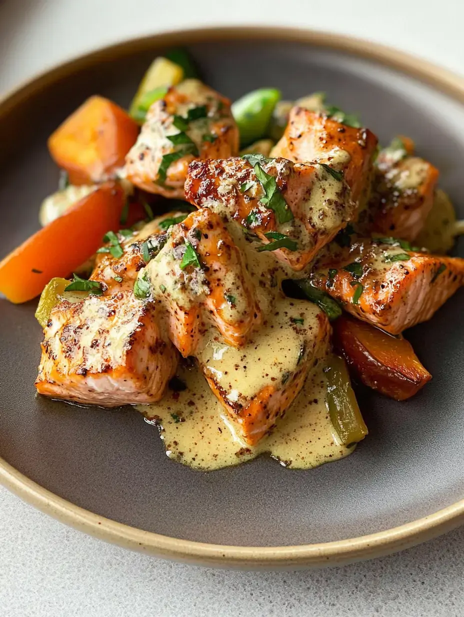 A plate of seared salmon chunks drizzled with creamy sauce and accompanied by colorful sautéed vegetables.