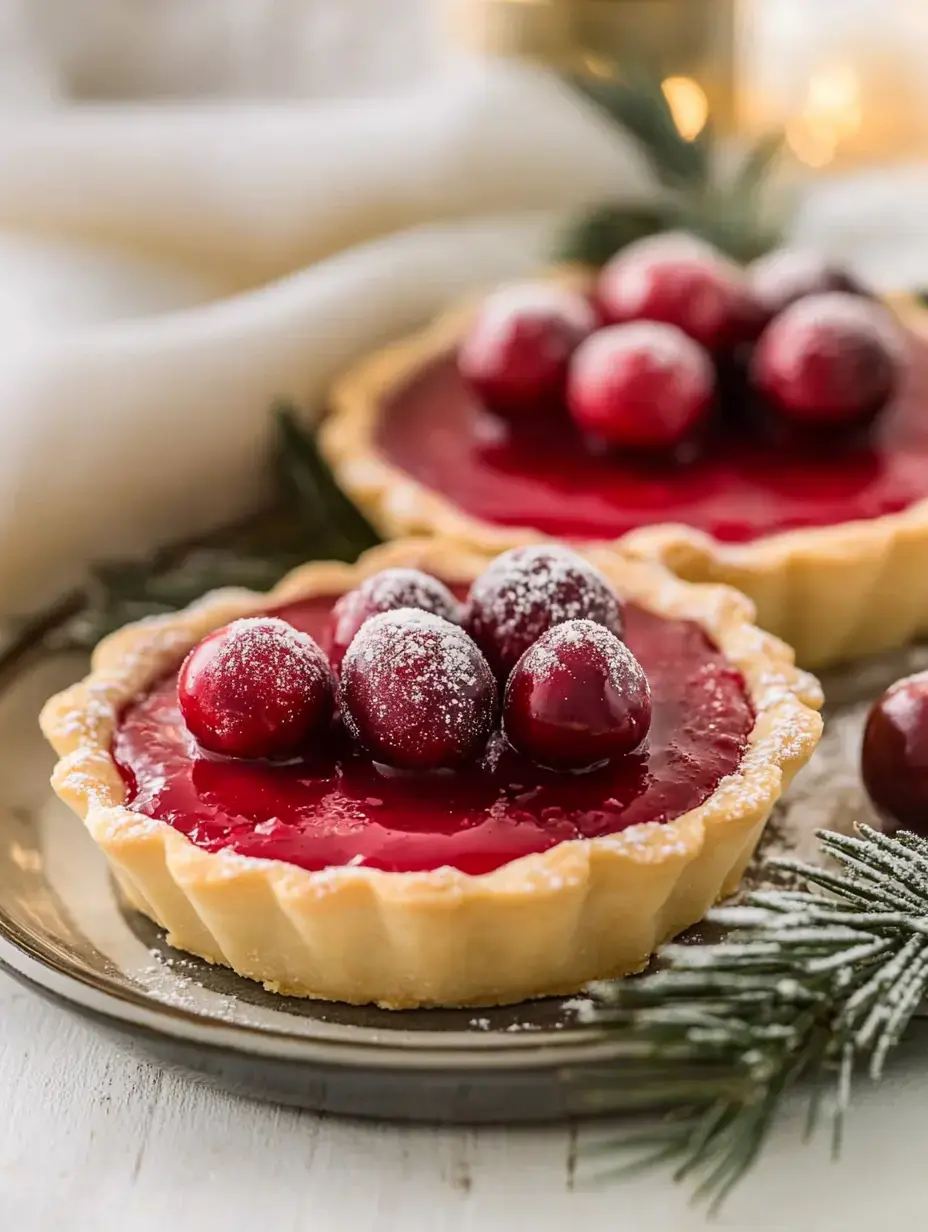 Two cranberry tarts, topped with powdered sugar-coated cranberries, are placed on a dark plate with green pine sprigs in the background.