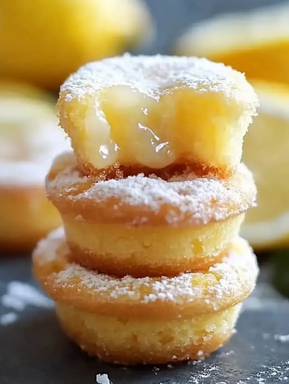 A stack of three lemon-filled cupcakes dusted with powdered sugar, with one cupcake showing a gooey lemon filling.