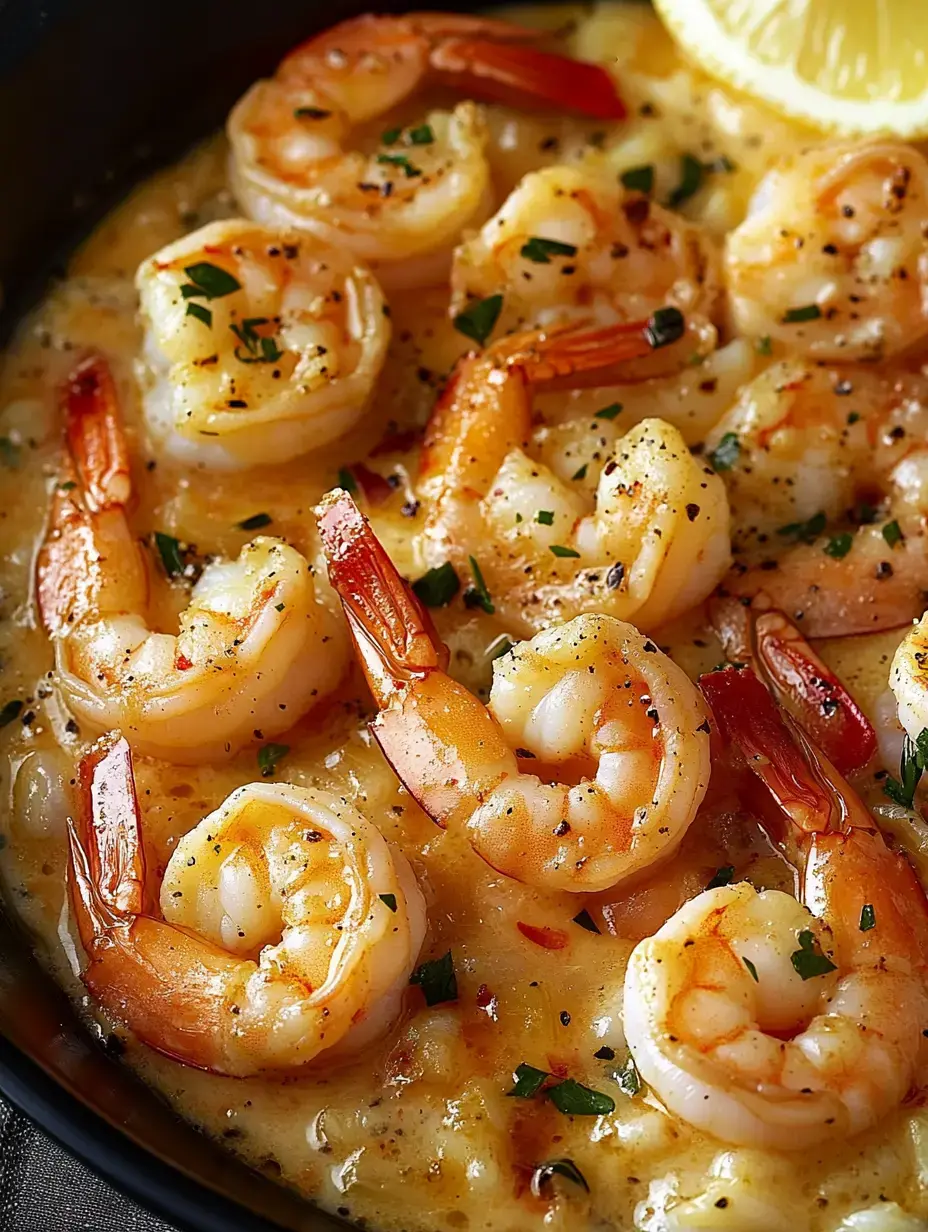 A close-up of shrimp sautéed in a creamy sauce, garnished with herbs and accompanied by a slice of lemon.