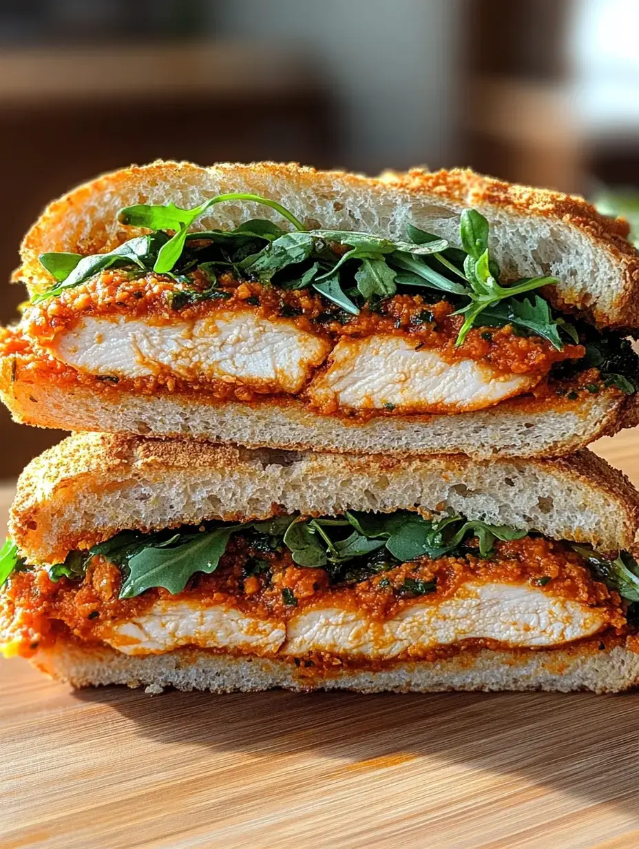 A close-up of a grilled chicken sandwich filled with spicy sauce and fresh greens, layered between slices of toasted bread.