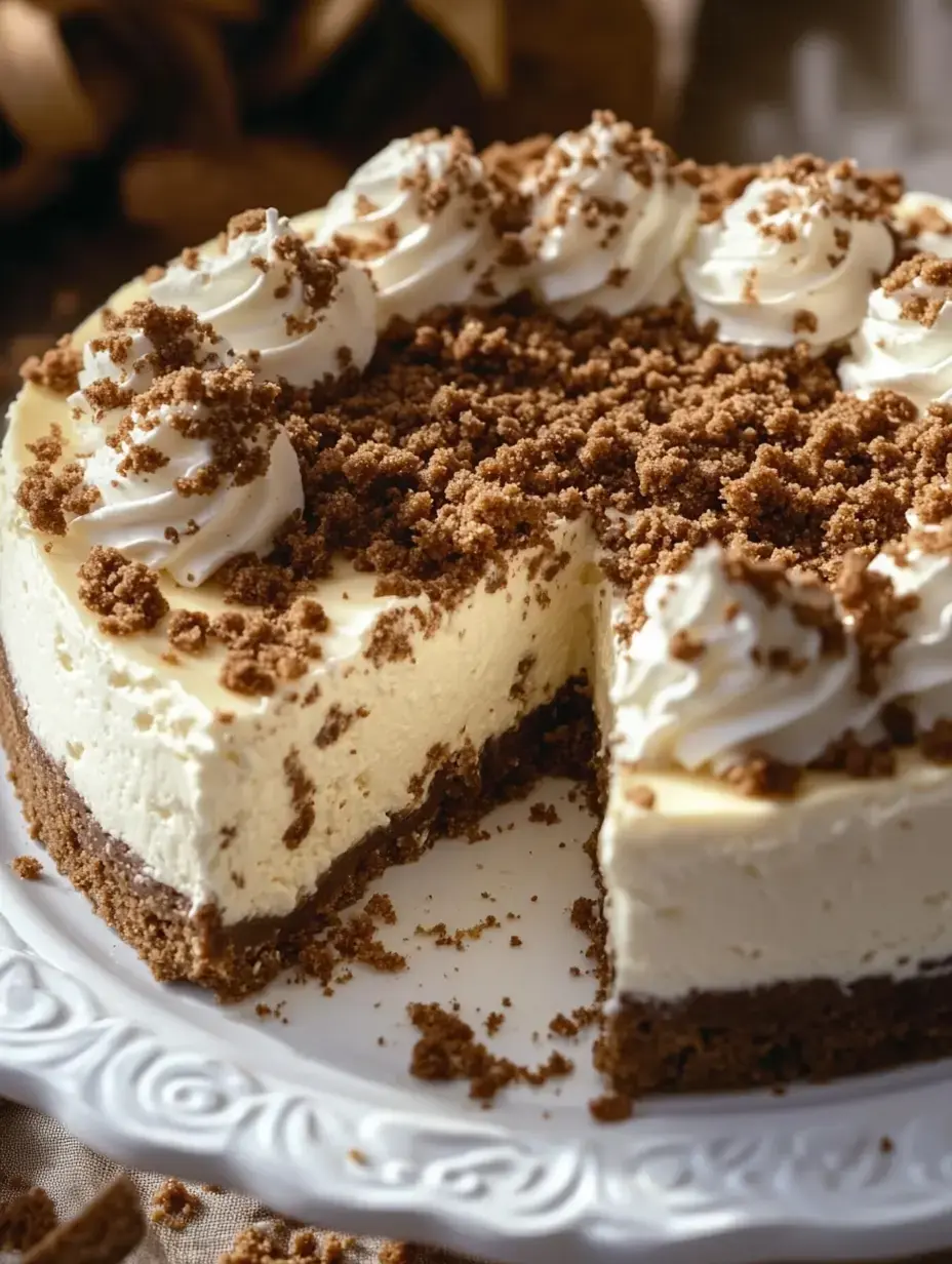 A sliced cheesecake topped with whipped cream and crumbly chocolate brown topping, displayed on a decorative plate.