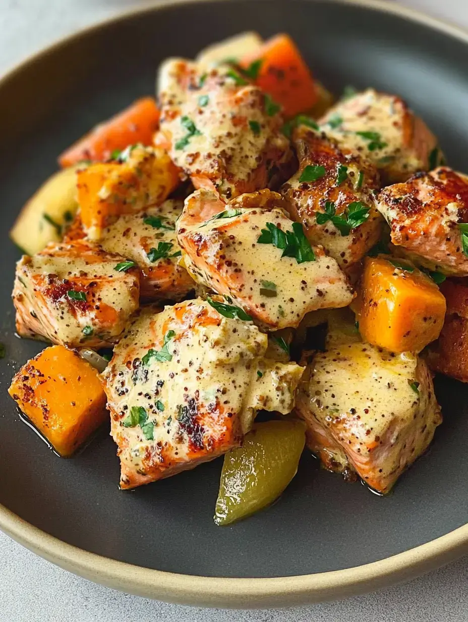 A plate of grilled salmon pieces topped with a creamy mustard sauce and accompanied by roasted vegetables.