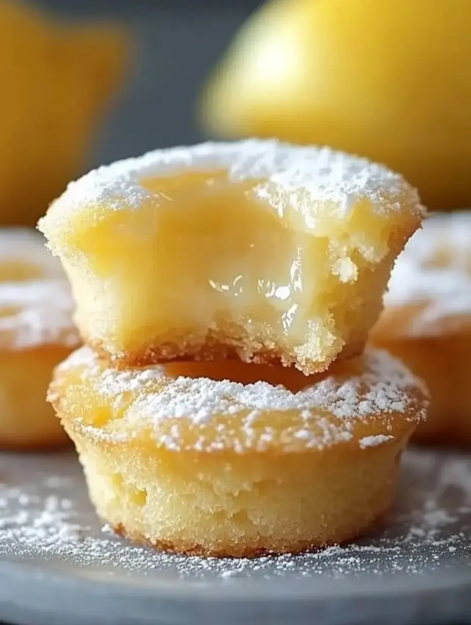 A close-up of lemon-filled cupcakes dusted with powdered sugar, one with a bite taken out, revealing the lemon filling inside.