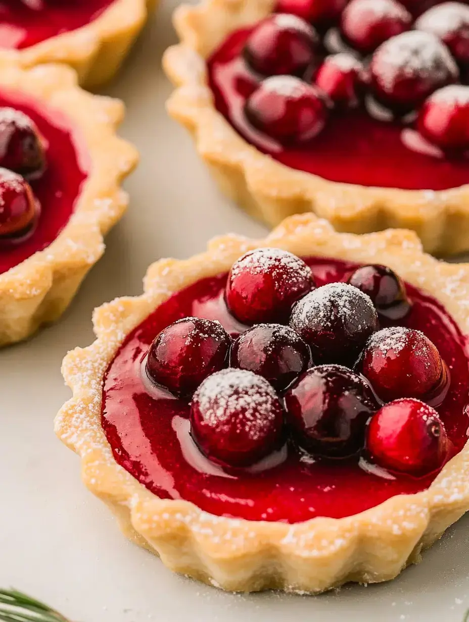 A close-up of mini tartlets filled with a vibrant red cranberry filling and topped with whole cranberries and powdered sugar.