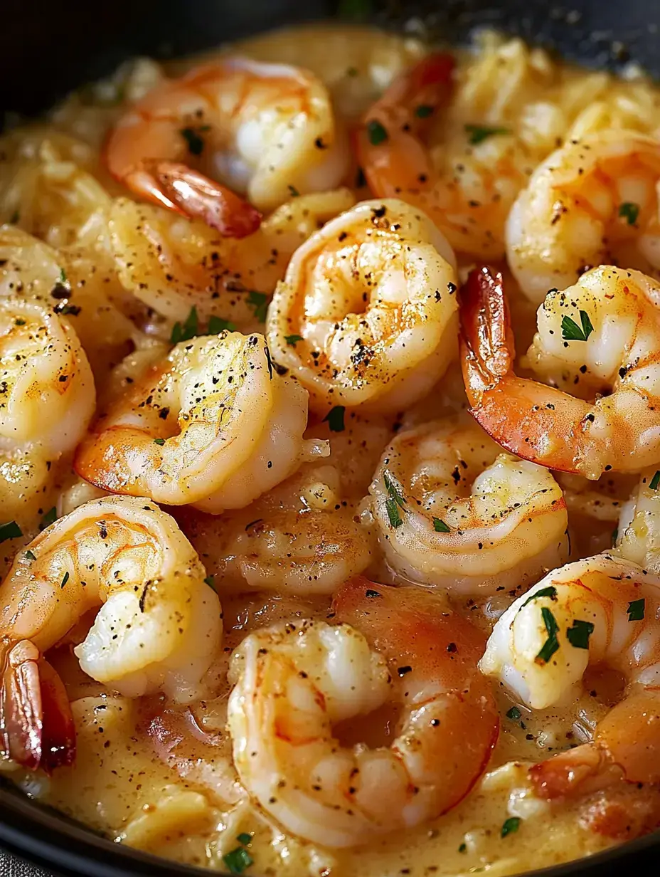 A close-up of cooked shrimp in a creamy sauce, garnished with herbs and black pepper.