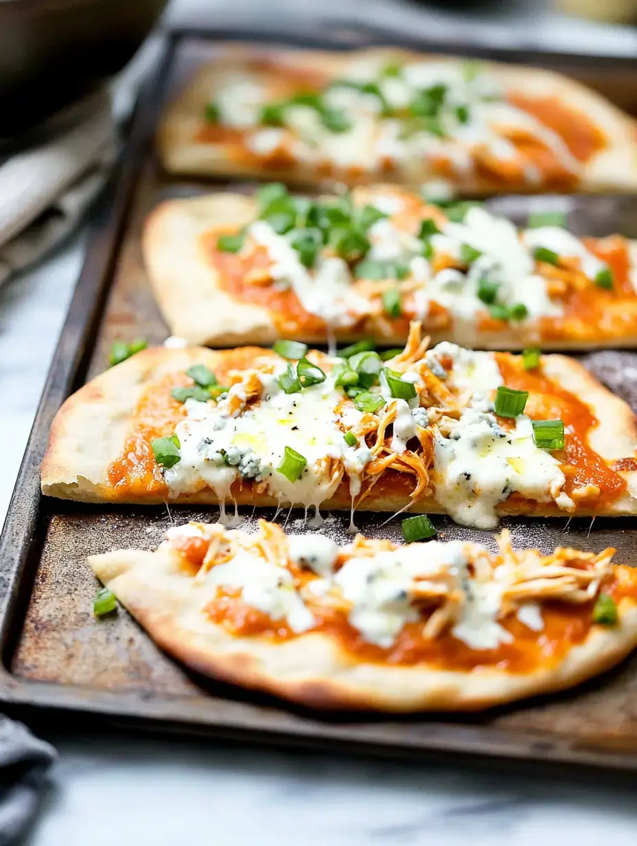 A baking sheet lined with flatbreads topped with sauce, shredded chicken, melted cheese, and green onions.