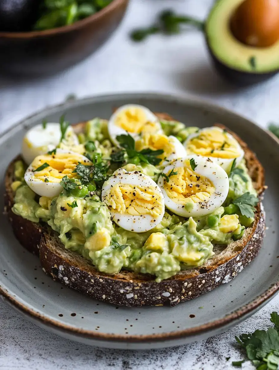 A slice of toasted bread topped with mashed avocado, chopped boiled eggs, and fresh herbs, served on a plate.