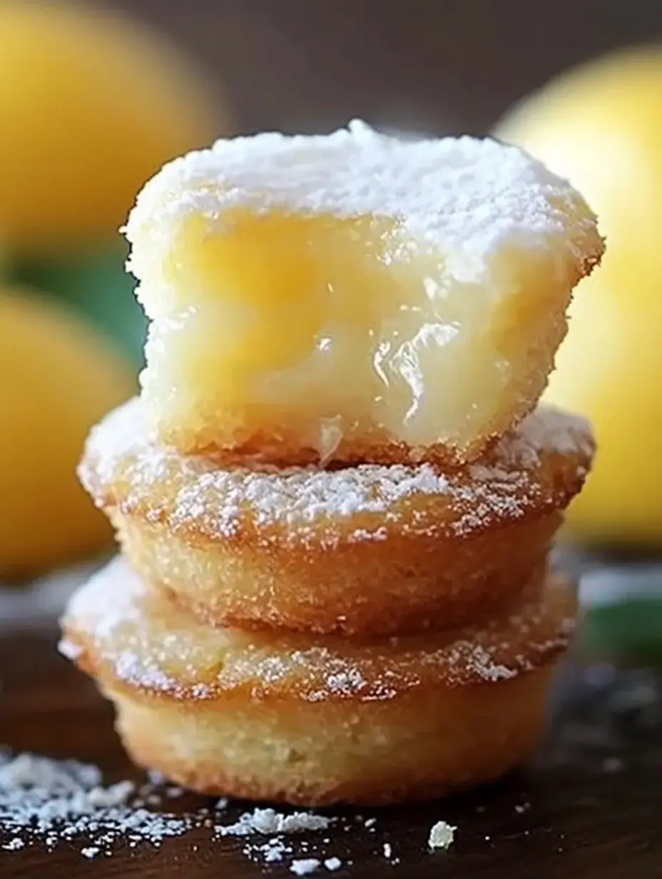 A stack of three powdered lemon cakes, with the top cake partially cut to reveal a smooth lemon filling inside.