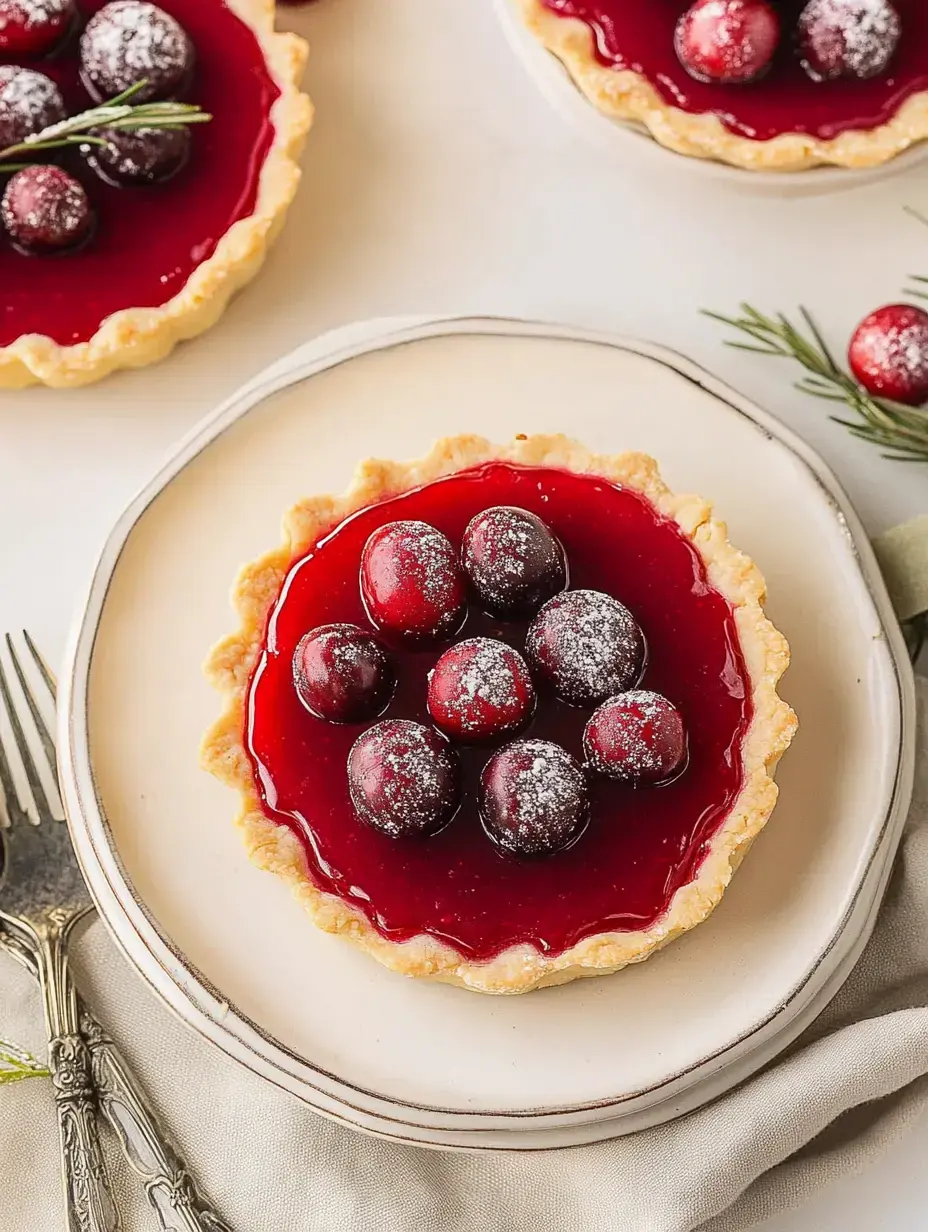 A close-up of a cranberry tart topped with sugared cranberries, set on a decorative plate.