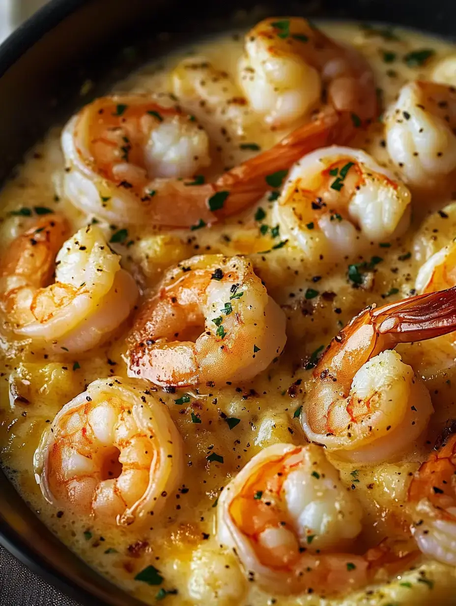 A close-up view of cooked shrimp in a creamy sauce, garnished with herbs and spices.