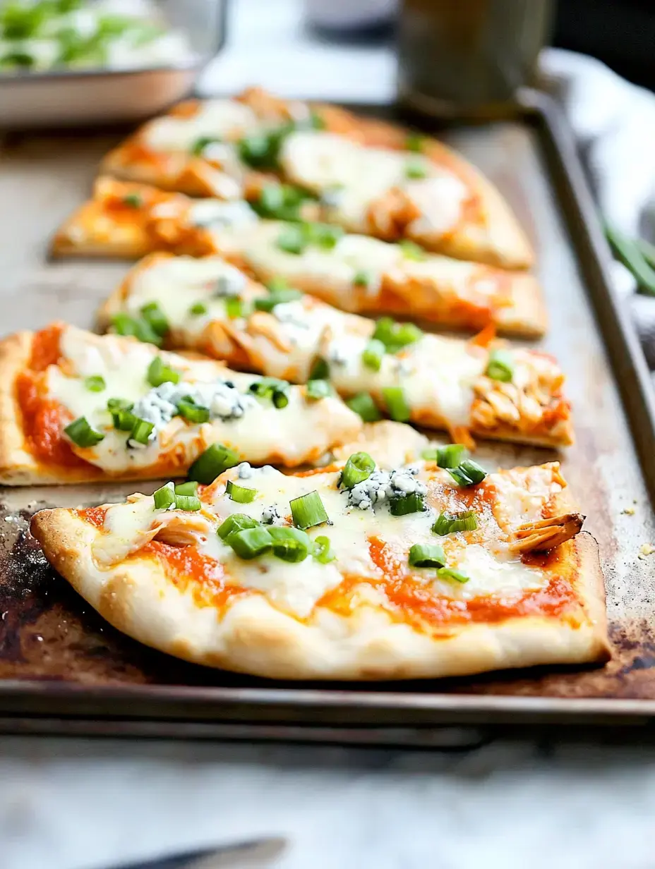 A tray of sliced pizza topped with melted cheese, green onions, and a spicy red sauce.